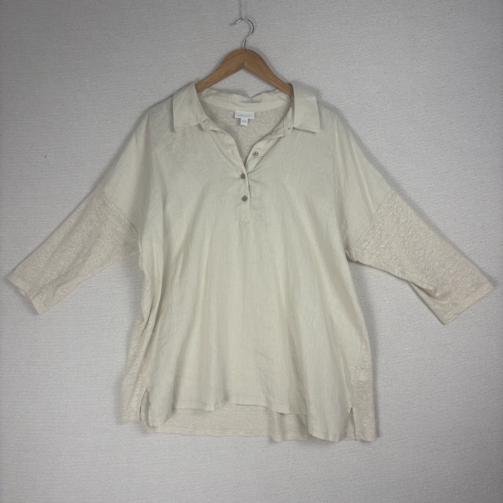 J Jill Love Linen Top Womens Popover Tunic 3/4 Sleeve Coastal Minimalist Neutral